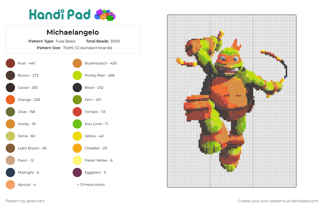 Michaelangelo - Fuse Bead Pattern by geaninarc on Kandi Pad - michelangelo,teenage mutant ninja turtles,tmnt,character,cartoon,karate,numchucks,green,orange