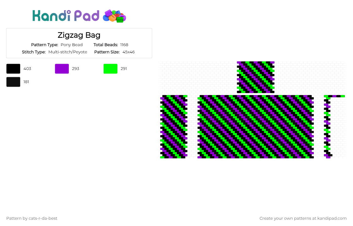 Zigzag Bag - Pony Bead Pattern by cats-r-da-best on Kandi Pad - green, purple