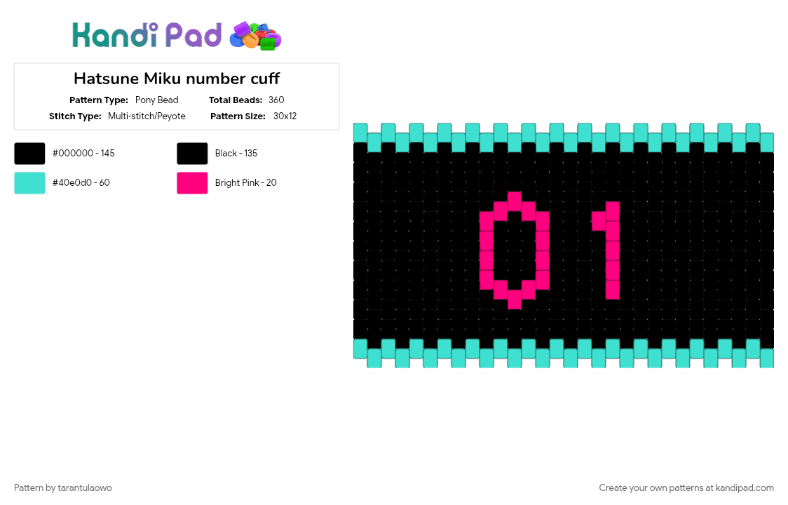 Hatsune Miku number cuff - Pony Bead Pattern by tarantulaowo on Kandi Pad - black, character, cuff pattern, hatsune miku, light blue, teal, vocaloid