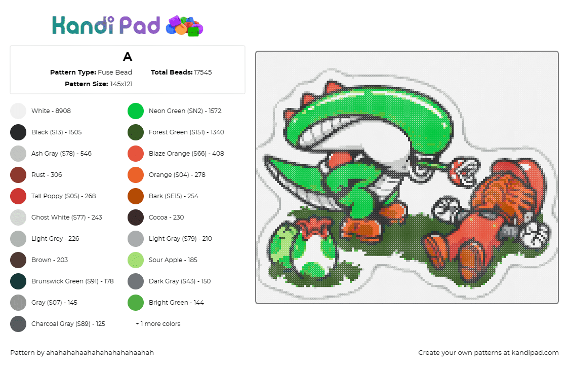 A - Fuse Bead Pattern by ahahahahaahahahahahahaahah on Kandi Pad - mario,yoshi,alien,mashup,face hugger,nintendo,video game,crossover,green,red