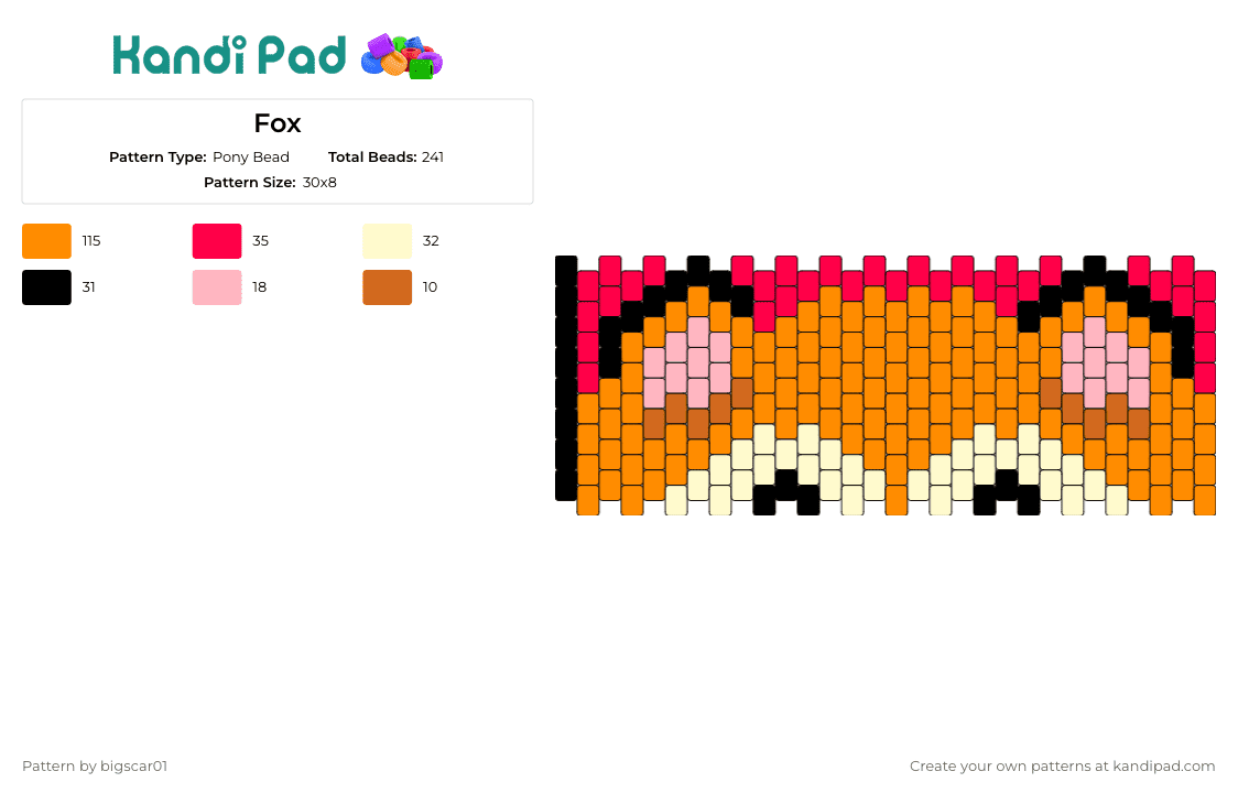 Fox - Pony Bead Pattern by bigscar01 on Kandi Pad - fox,ears,cute,animal,cuff,playful,charming,orange,pink