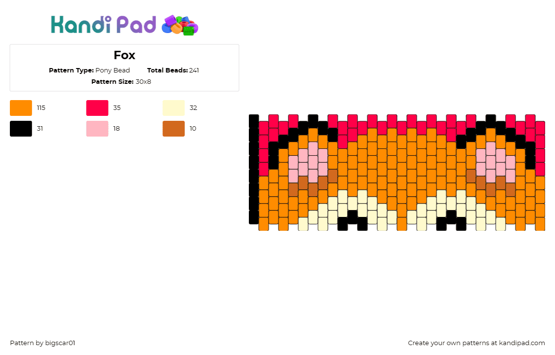 Fox - Pony Bead Pattern by bigscar01 on Kandi Pad - fox,ears,cute,animal,cuff,playful,orange,pink