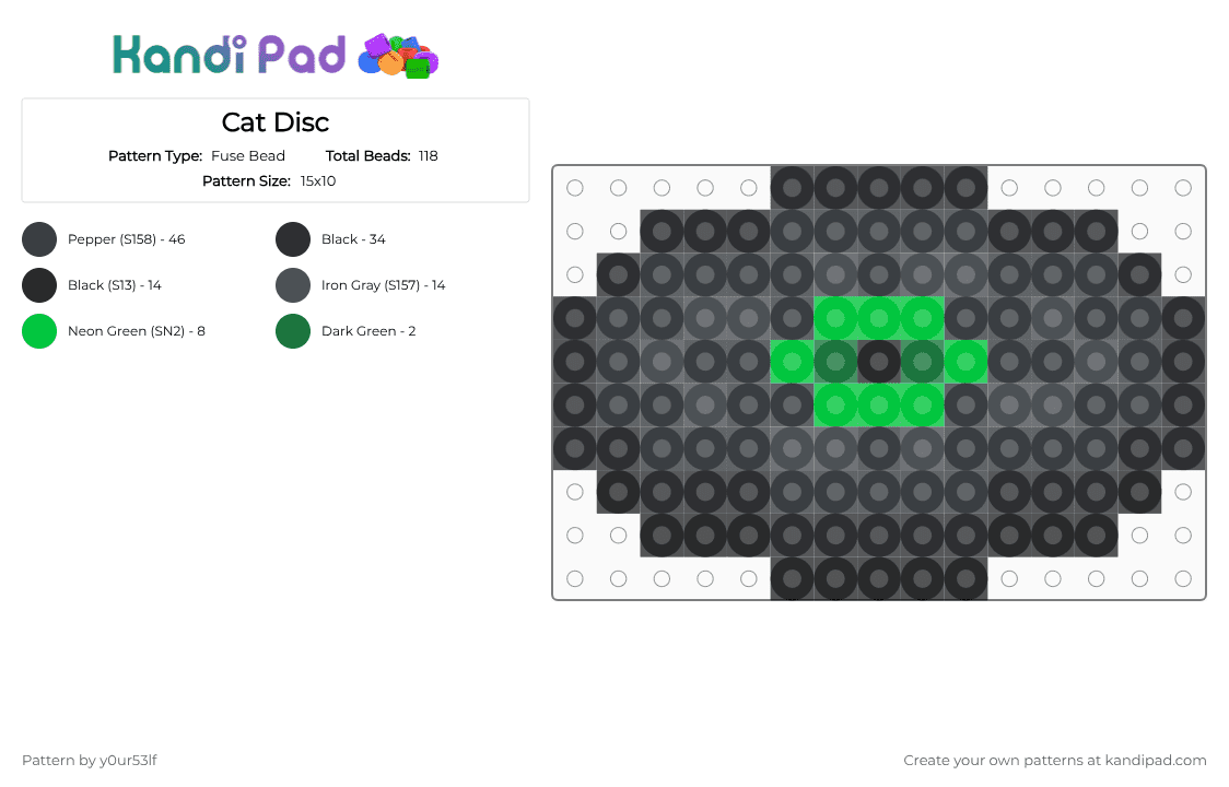 Cat Disc - Fuse Bead Pattern by y0ur53lf on Kandi Pad - black,purple,green,cotdvinylrecords