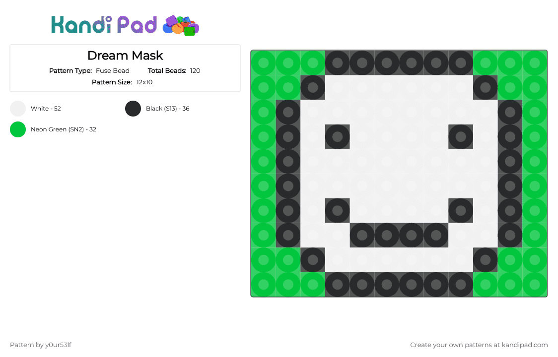 Dream Mask - Fuse Bead Pattern by y0ur53lf on Kandi Pad - white,green,dsmp,dream,dreamwastaken