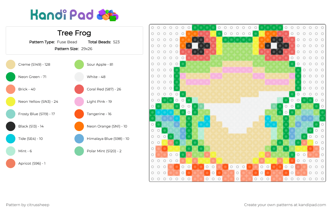 Tree Frog - Fuse Bead Pattern by citrussheep on Kandi Pad - green,orange,beige