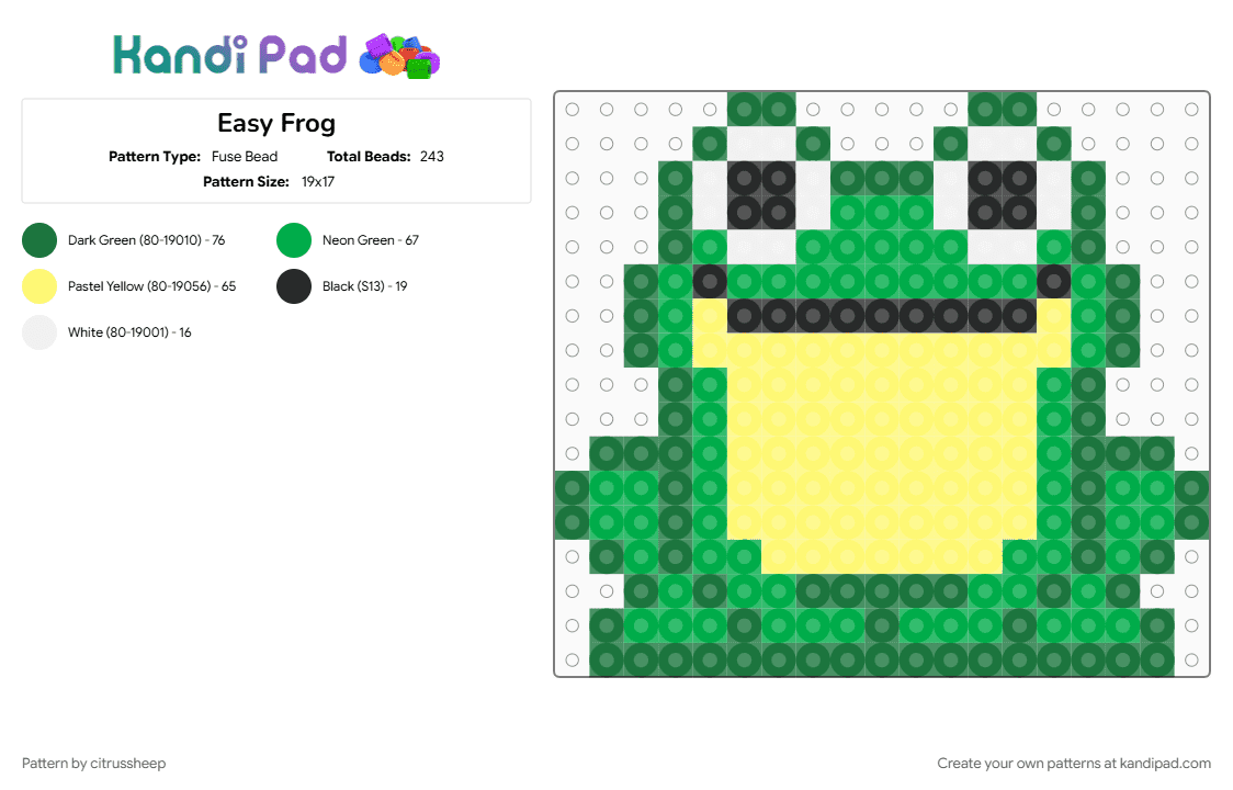 Easy Frog - Fuse Bead Pattern by citrussheep on Kandi Pad - green, yellow