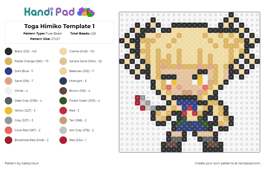 Toga Himiko Template 1 - Fuse Bead Pattern by katelynbun on Kandi Pad - himiko toga,my hero academia,character,anime,blonde,chibi,yellow