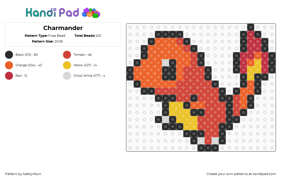 Charmander - Fuse Bead Pattern by katelynbun on Kandi Pad - orange,red,pokemon,charmander