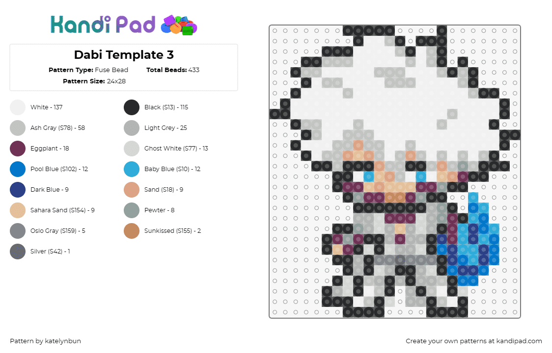 Dabi Template 3 - Fuse Bead Pattern by katelynbun on Kandi Pad - dabi,my hero academia,anime,character,blue,gray,white