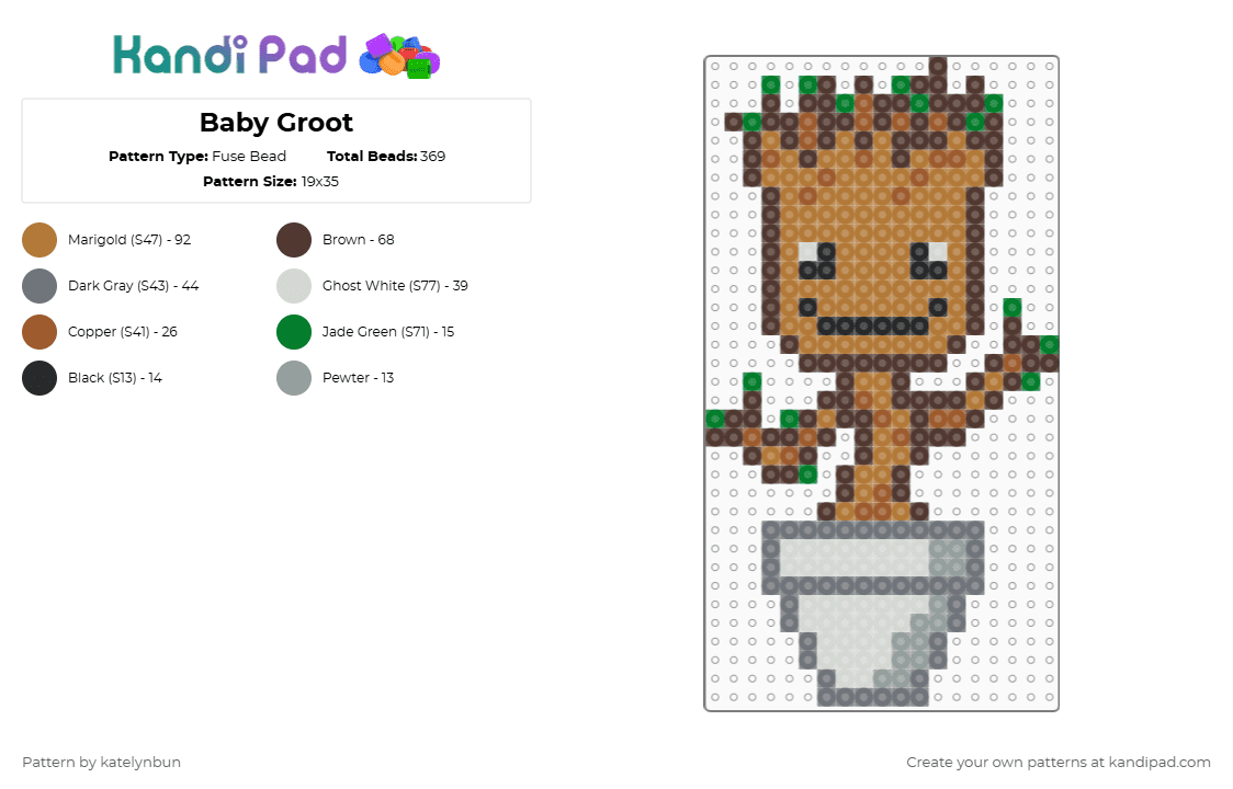 Baby Groot - Fuse Bead Pattern by katelynbun on Kandi Pad - tan,brown