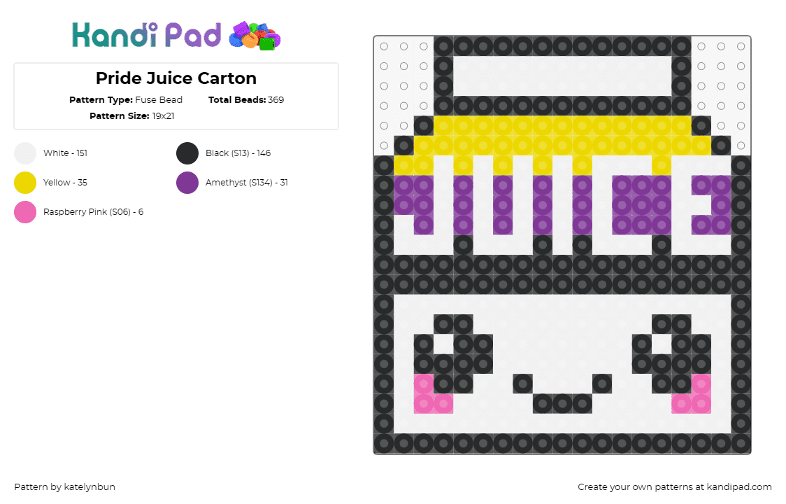 Pride Juice Carton - Fuse Bead Pattern by katelynbun on Kandi Pad - juice,pride,cute,face,drink,food,carton,smile,container,yellow,purple,white