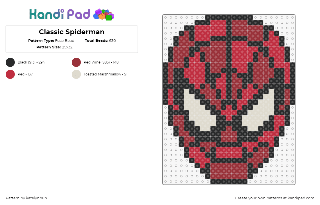 Classic Spiderman - Fuse Bead Pattern by katelynbun on Kandi Pad - spiderman,superhero,marvel,comic,mask,head,red