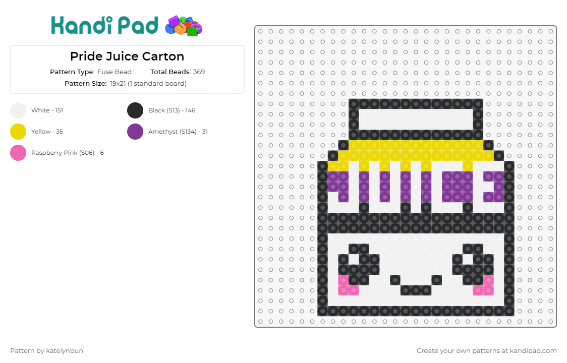 Pride Juice Carton - Fuse Bead Pattern by katelynbun on Kandi Pad - juice,pride,cute,face,drink,food,carton,smile,container,yellow,purple,white