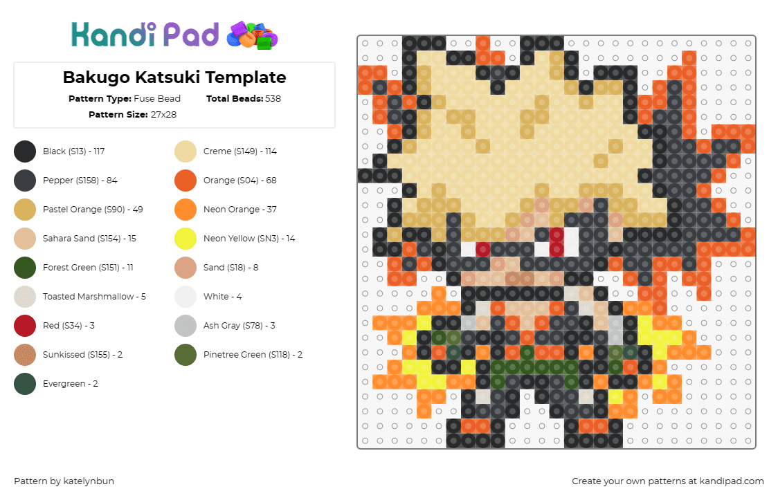 Bakugo Katsuki Template - Fuse Bead Pattern by katelynbun on Kandi Pad - bakugo katsuki,my hero academia,anime,character,orange,beige