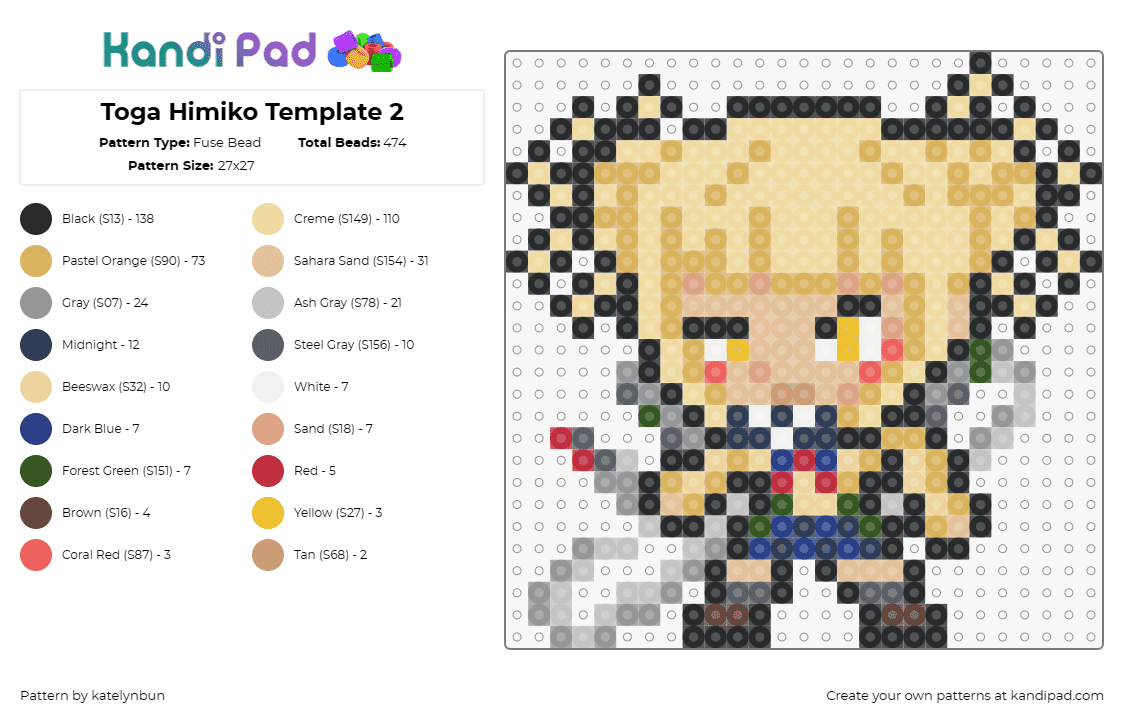 Toga Himiko Template 2 - Fuse Bead Pattern by katelynbun on Kandi Pad - himiko toga,my hero academia,character,anime,blonde,chibi,yellow,pink