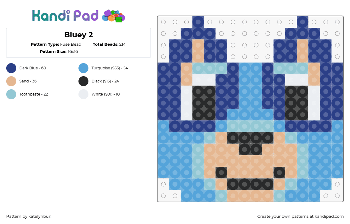 Bluey 2 - Fuse Bead Pattern by katelynbun on Kandi Pad - bluey,dog,character,head,tv show,smile,cartoon,children,blue,light blue,tan