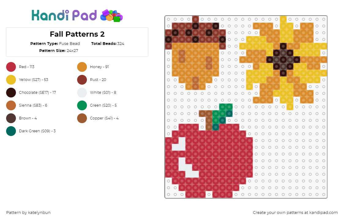 Fall Patterns 2 - Fuse Bead Pattern by katelynbun on Kandi Pad - fall,acorn,apple,sunflower,autumn,festive,red,yellow,tan