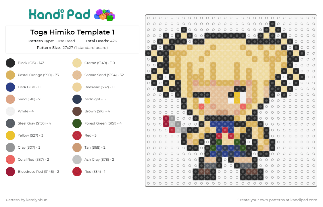 Toga Himiko Template 1 - Fuse Bead Pattern by katelynbun on Kandi Pad - himiko toga,my hero academia,character,anime,blonde,chibi,yellow