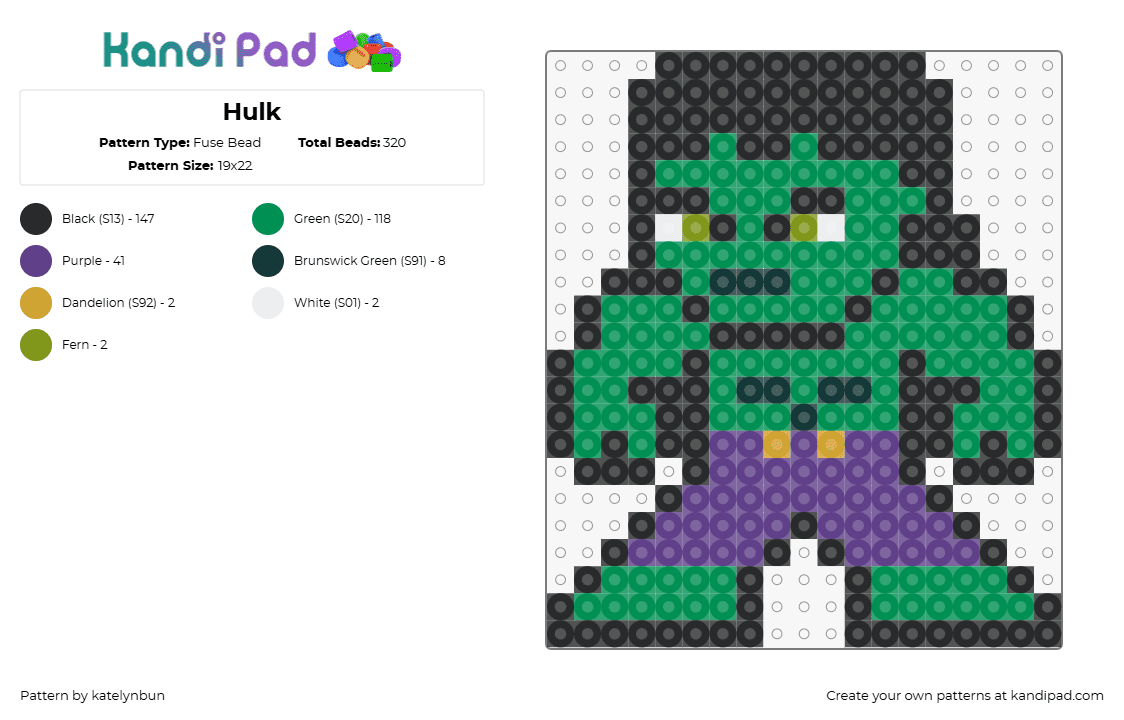 Hulk - Fuse Bead Pattern by katelynbun on Kandi Pad - incredible hulk,superhero,marvel,character,chibi. muscles,comic,movie,green,purple