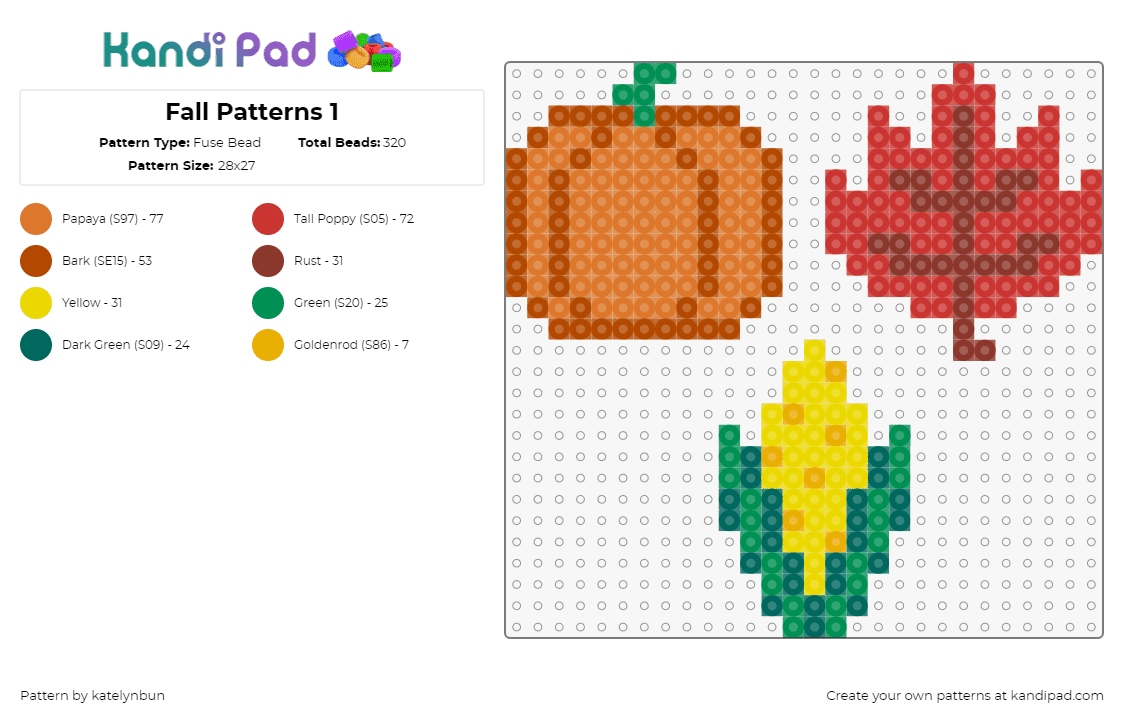 Fall Patterns 1 - Fuse Bead Pattern by katelynbun on Kandi Pad - fall,pumpkin,leaf,corn,autumn,festive,orange,red,yellow,green