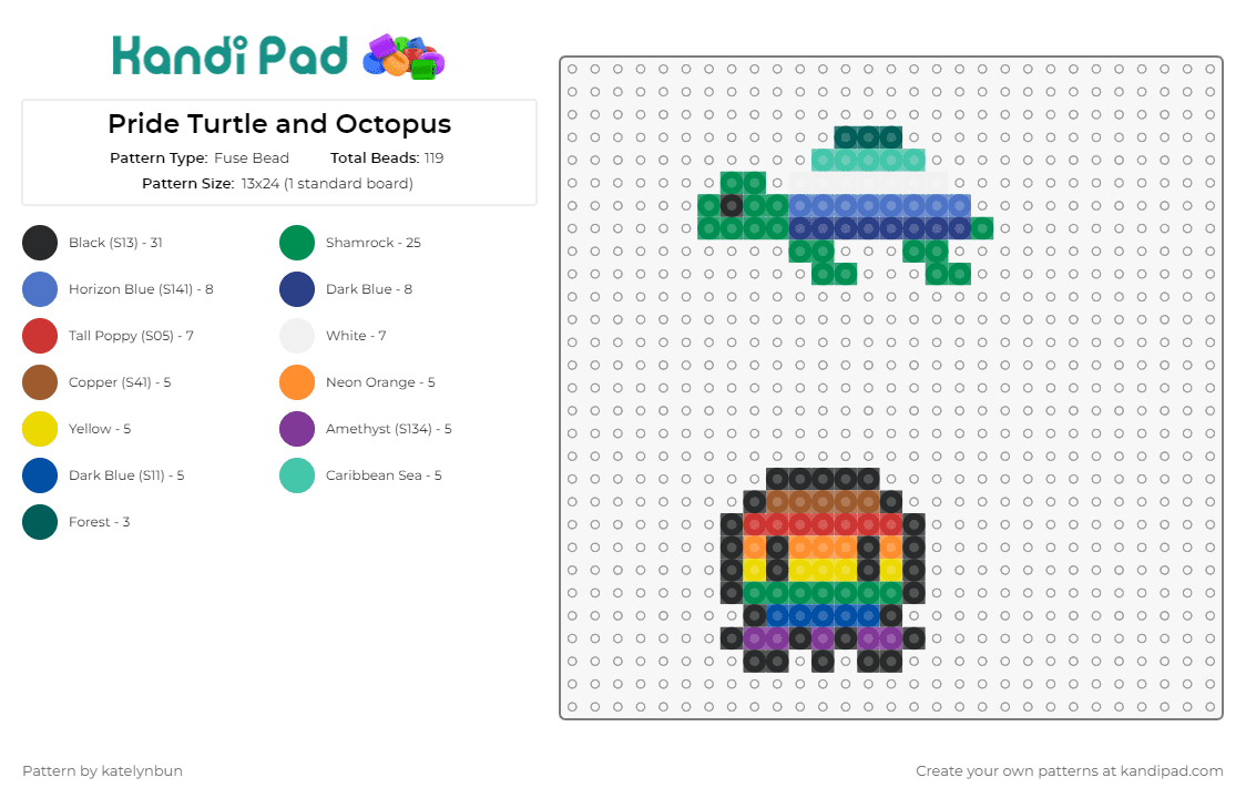 Pride Turtle and Octopus - Fuse Bead Pattern by katelynbun on Kandi Pad - turtle,octopus,pride,cute,small,charm,colorful,rainbow,green