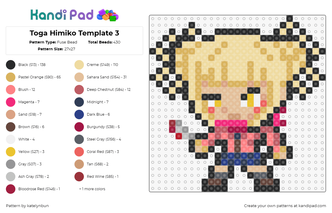 Toga Himiko Template 3 - Fuse Bead Pattern by katelynbun on Kandi Pad - himiko toga,my hero academia,character,anime,blonde,chibi,yellow,pink