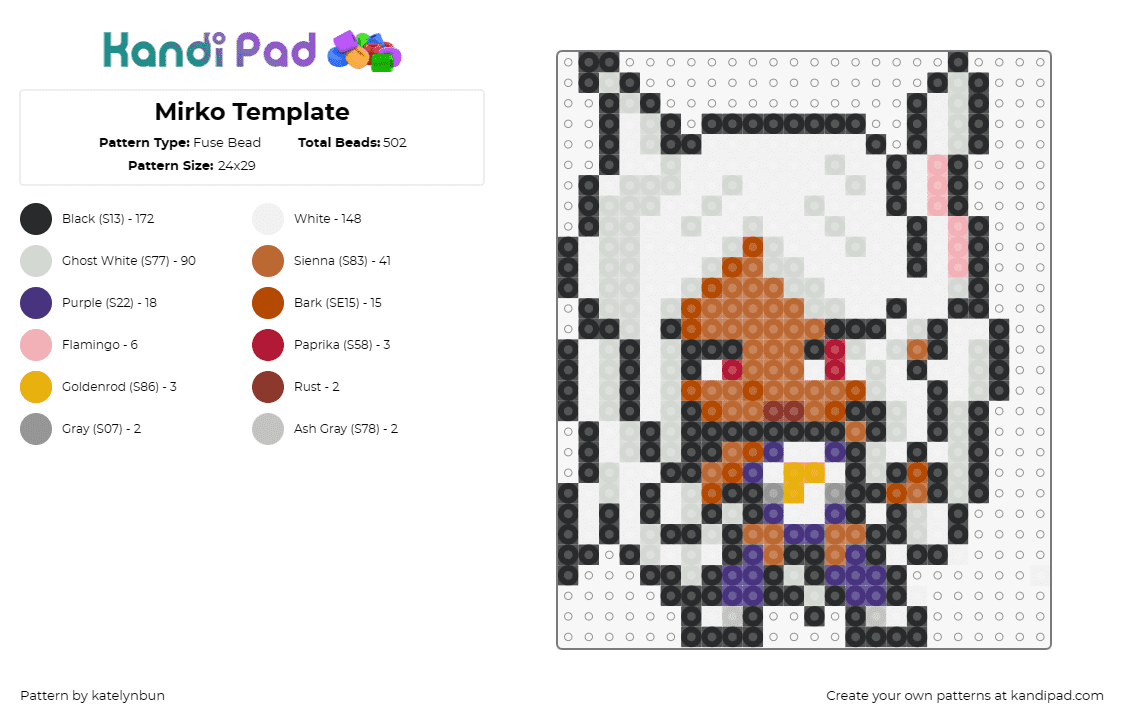 Mirko Template - Fuse Bead Pattern by katelynbun on Kandi Pad - rumi usagiyama,mirko,my hero academia,mha,anime,manga,chibi,character,white,brow