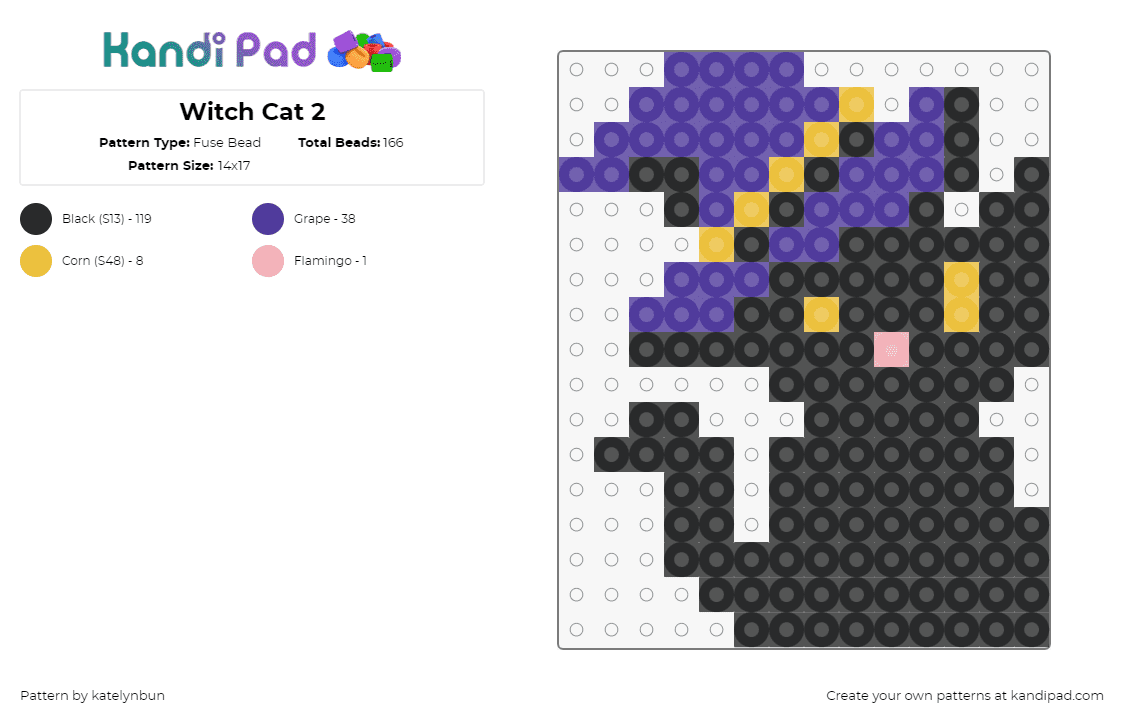 Witch Cat 2 - Fuse Bead Pattern by katelynbun on Kandi Pad - cat,witch,hat,animal,spooky,cute,halloween,costume,black,purple