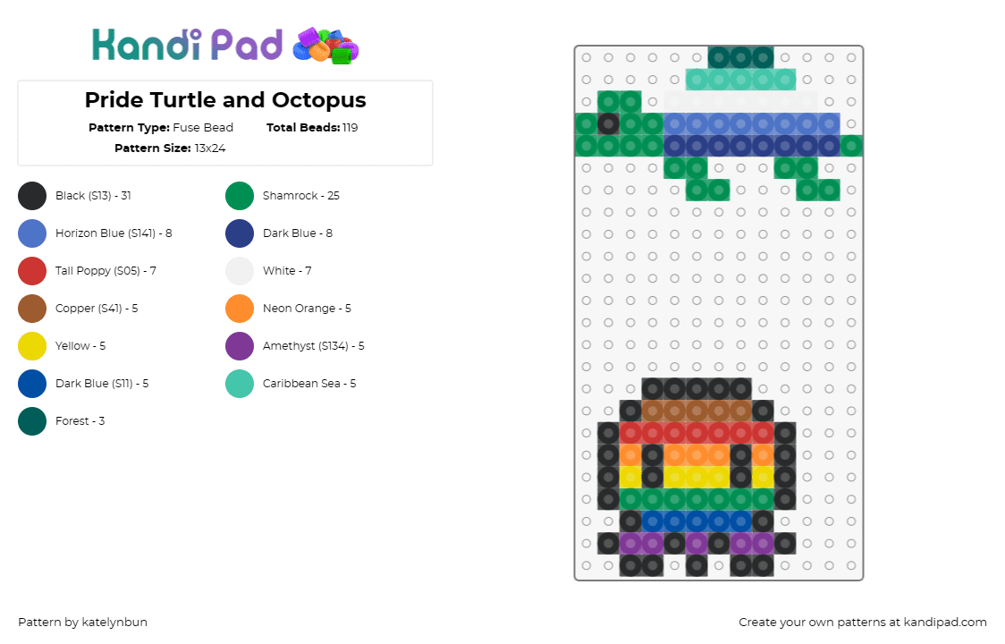 Pride Turtle and Octopus - Fuse Bead Pattern by katelynbun on Kandi Pad - turtle,octopus,pride,cute,small,colorful,rainbow,green