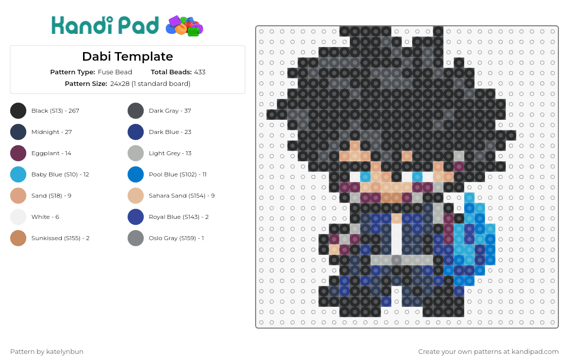 Dabi Template - Fuse Bead Pattern by katelynbun on Kandi Pad - dabi,my hero academia,anime,character,blue,black