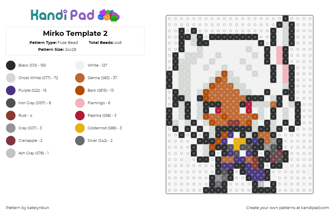 Mirko Template 2 - Fuse Bead Pattern by katelynbun on Kandi Pad - rumi usagiyama,mirko,my hero academia,mha,anime,manga,chibi,character,white,brow