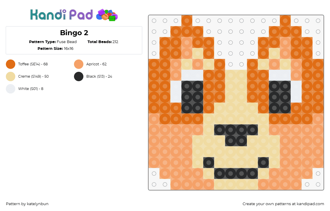 Bingo 2 - Fuse Bead Pattern by katelynbun on Kandi Pad - bingo,bluey,dog,character,head,tv show,smile,cartoon,children,orange,tan