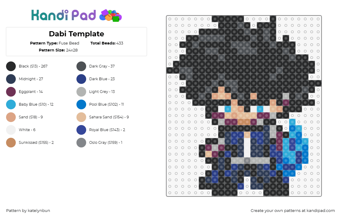 Dabi Template - Fuse Bead Pattern by katelynbun on Kandi Pad - dabi,my hero academia,anime,character,blue,black