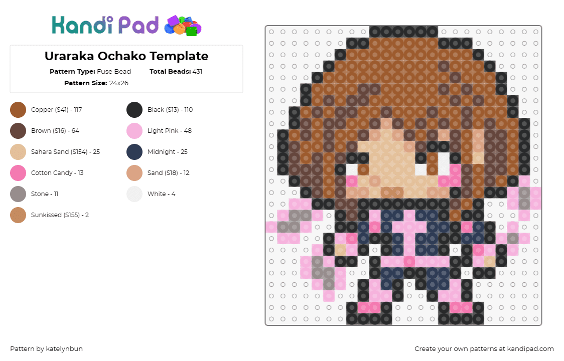 Uraraka Ochako Template - Fuse Bead Pattern by katelynbun on Kandi Pad - uraraka ochako,my hero academia,mha,anime,character,pink,brown