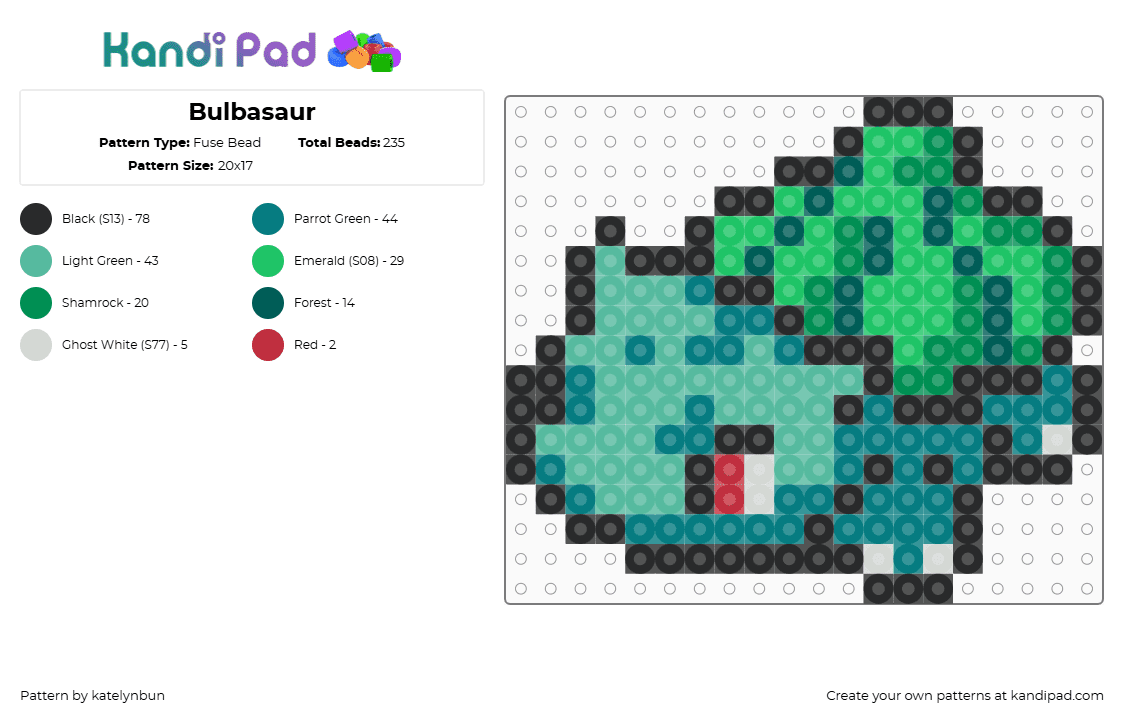 Bulbasaur - Fuse Bead Pattern by katelynbun on Kandi Pad - green,teal,pokemon,bulbasaur