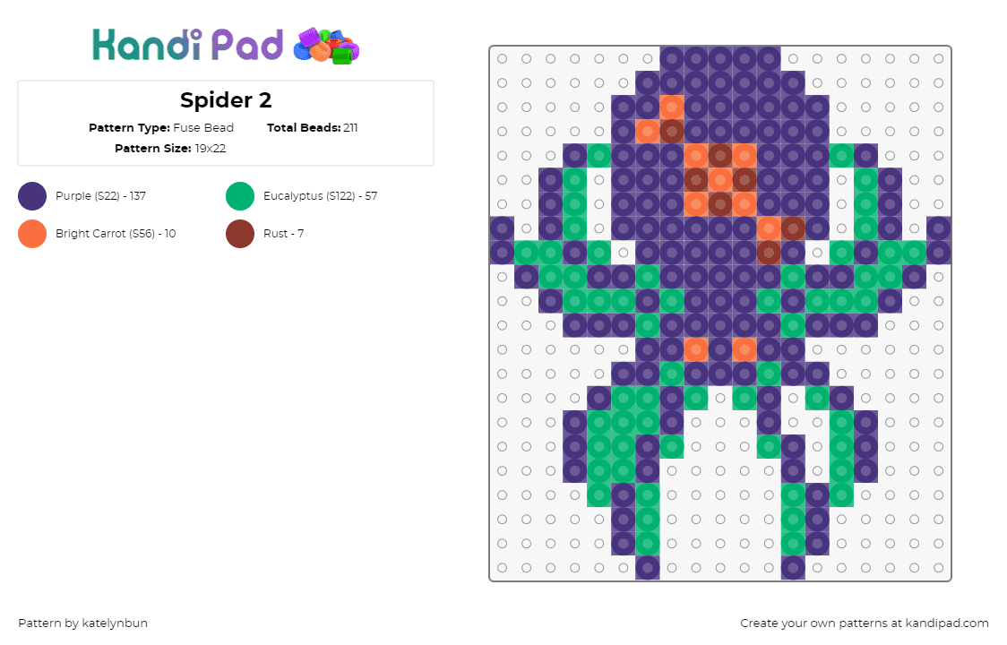 Spider 2 - Fuse Bead Pattern by katelynbun on Kandi Pad - spider,arachnid,spooky,halloween,insect,purple,green