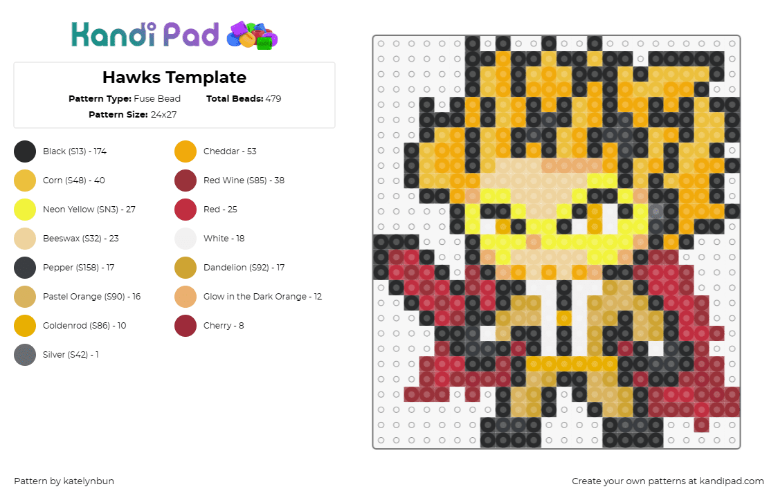 Hawks Template - Fuse Bead Pattern by katelynbun on Kandi Pad - hawks,my hero academia,anime,character,wings,sword,red,yellow