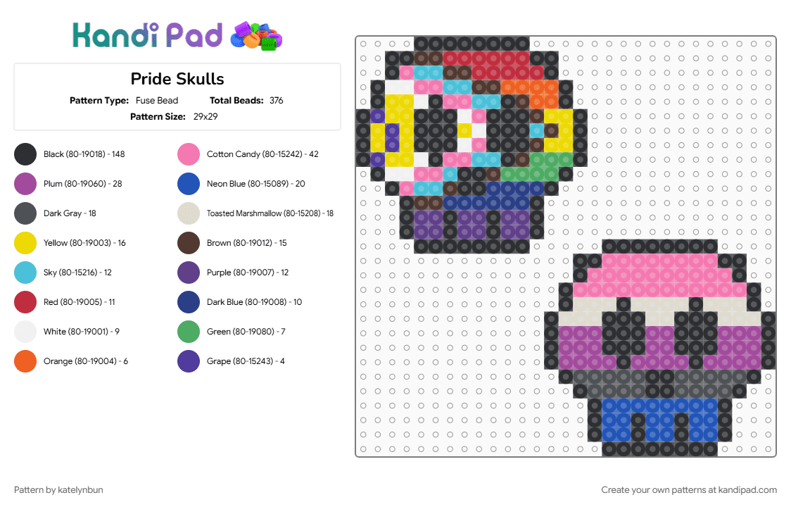 Pride Skulls - Fuse Bead Pattern by katelynbun on Kandi Pad - black, colorful, gray, lgbtq, lgbtqia, pink, pride, skulls