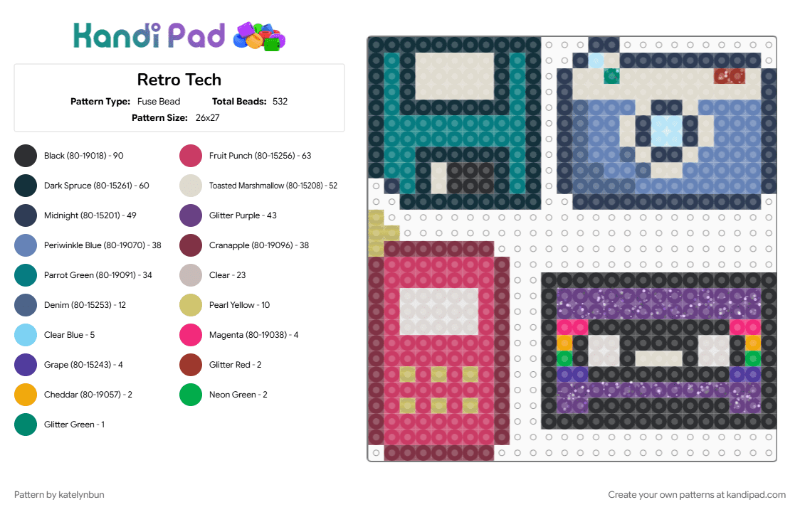 Retro Tech - Fuse Bead Pattern by katelynbun on Kandi Pad - beige, blue, camera, cassette, colorful, floppy disk, phone, pink, purple, retro, vhs