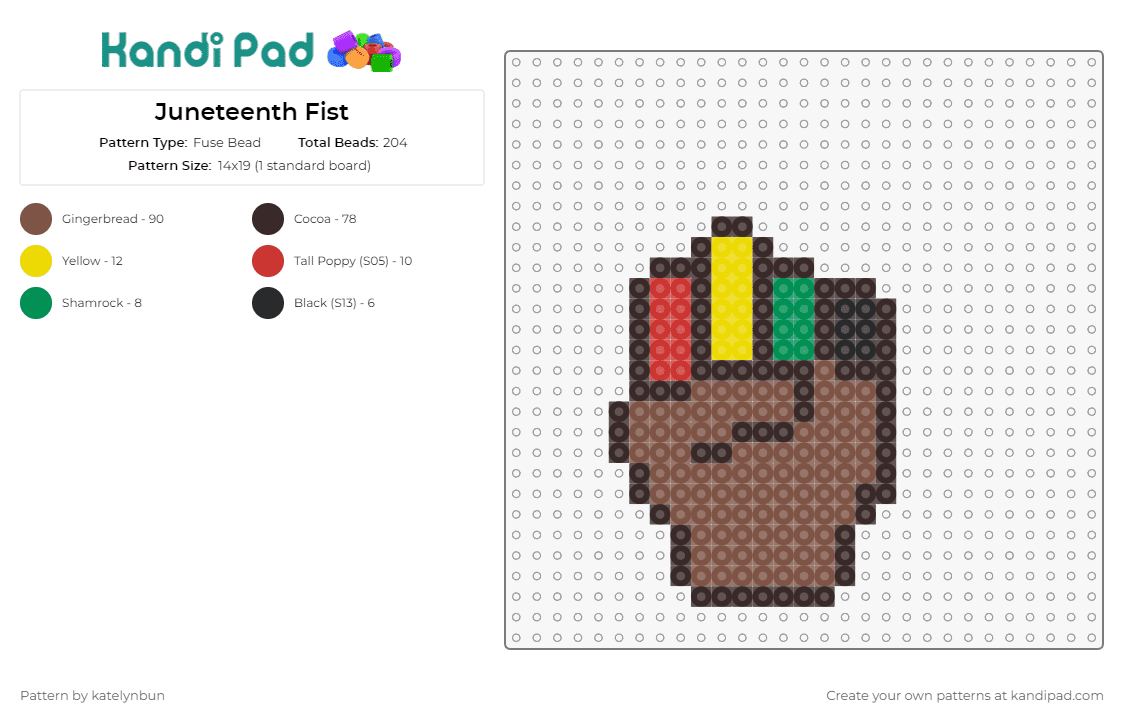 Juneteenth Fist - Fuse Bead Pattern by katelynbun on Kandi Pad - juneteenth,fist,hand,colorful,brown,red,gold,green