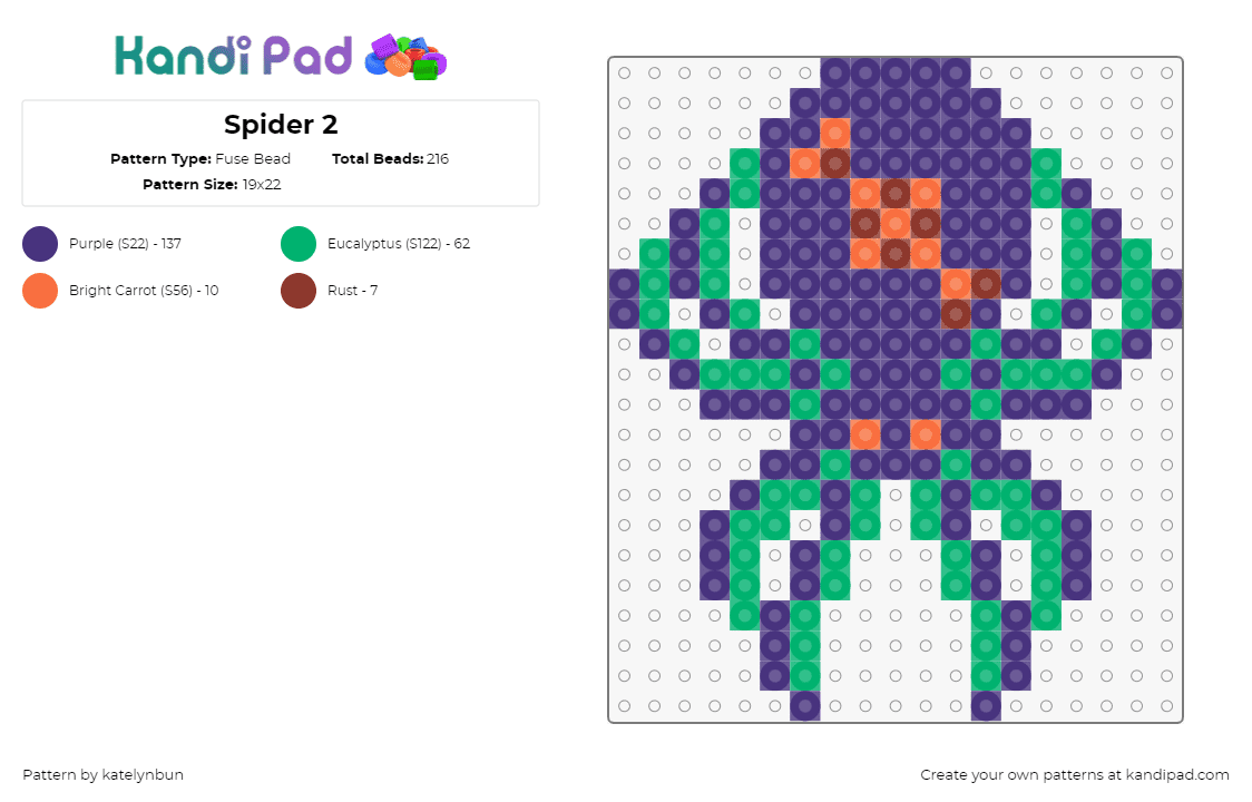 Spider 2 - Fuse Bead Pattern by katelynbun on Kandi Pad - spider,arachnid,spooky,halloween,insect,purple,green