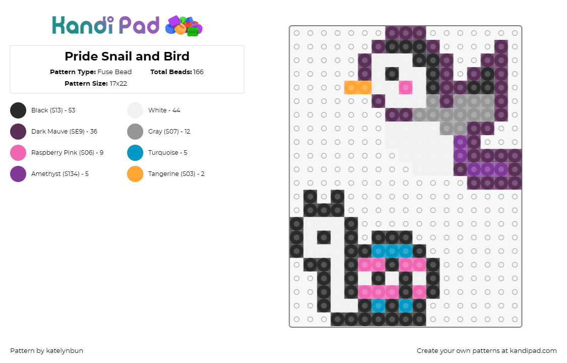 Pride Snail and Bird - Fuse Bead Pattern by katelynbun on Kandi Pad - snail,bird,pride,cute,small,white,purple,light blue