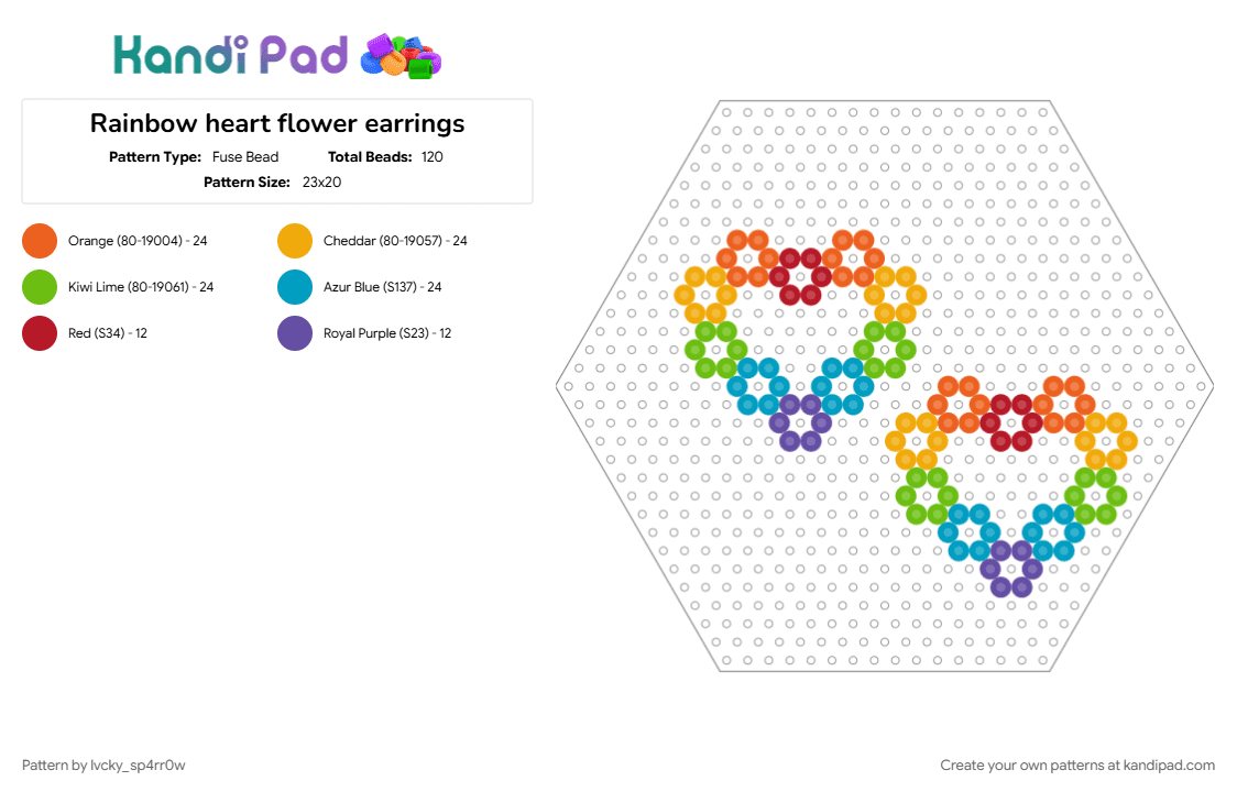Rainbow heart flower earrings - Fuse Bead Pattern by lvcky_sp4rr0w on Kandi Pad - earrings, green, heart, light blue, orange, rainbow