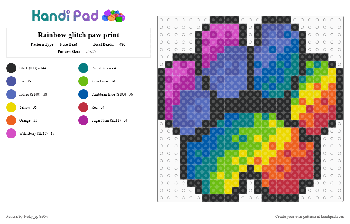 Rainbow glitch paw print - Fuse Bead Pattern by lvcky_sp4rr0w on Kandi Pad - colorful, green, perler rainbow pawprint, purple, teal