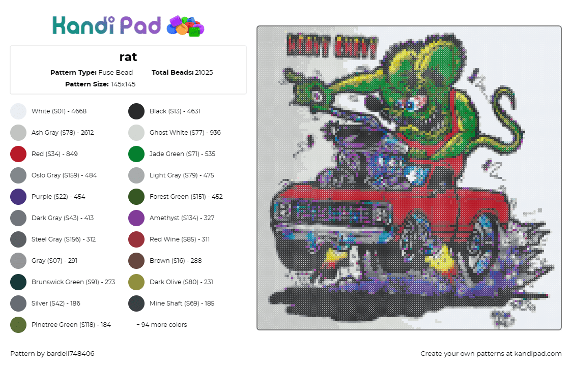 rat - Fuse Bead Pattern by bardell748406 on Kandi Pad - rat fink heavy chevy,pickup truck,automobile,graphic,attitude,edgy,classic,green