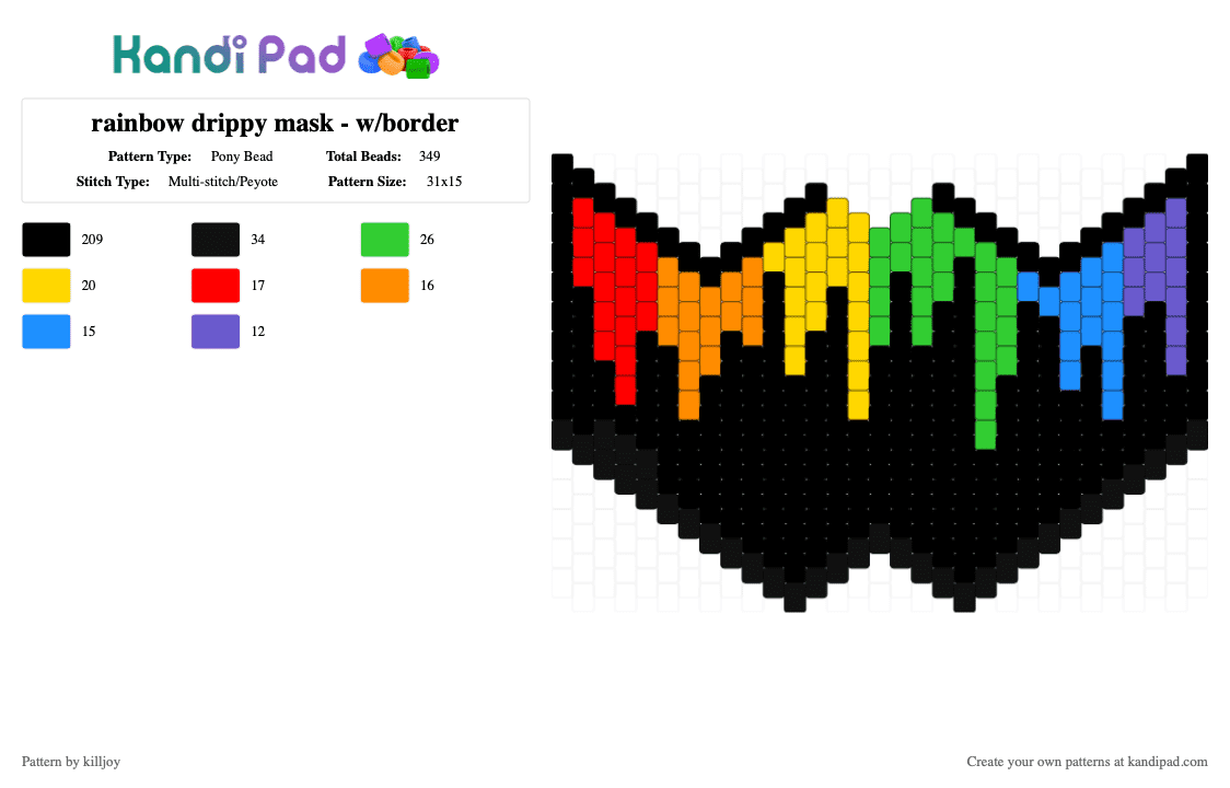 rainbow drippy mask - w/border - Pony Bead Pattern by killjoy on Kandi Pad - black,yellow,red,green,rainbow,drippy,mask
