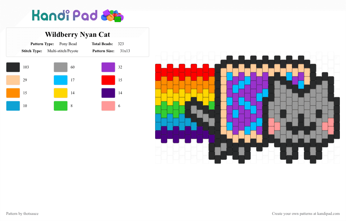Wildberry Nyan Cat - Pony Bead Pattern by thotsauce on Kandi Pad - beige,light blue,purple,gray
