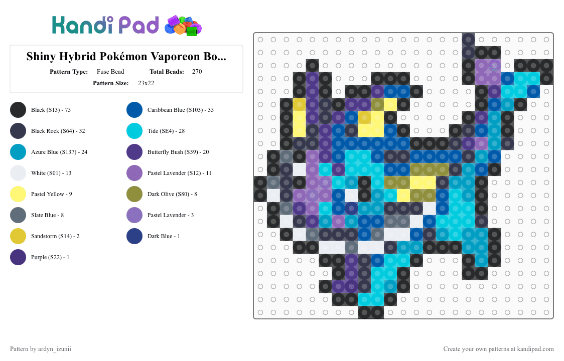 Shiny Hybrid Pokémon Vaporeon Box Sprite - Fuse Bead Pattern by ardyn_izunii on Kandi Pad - blue, box sprite, eevee, eeveelution, light blue, pokemon, purple, shiny, sprite, vaporeon, video game