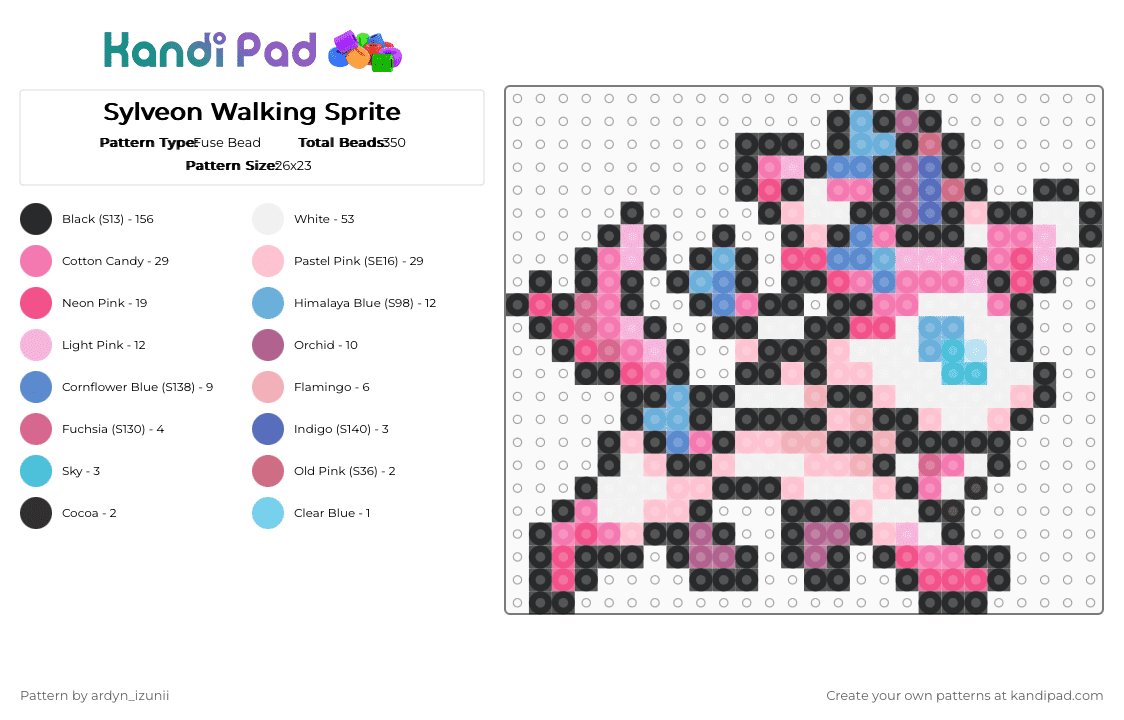 Sylveon Walking Sprite - Fuse Bead Pattern by ardyn_izunii on Kandi Pad - black, eevee, eeveelution, fairy, game, pink, pokemon, sprite, walking