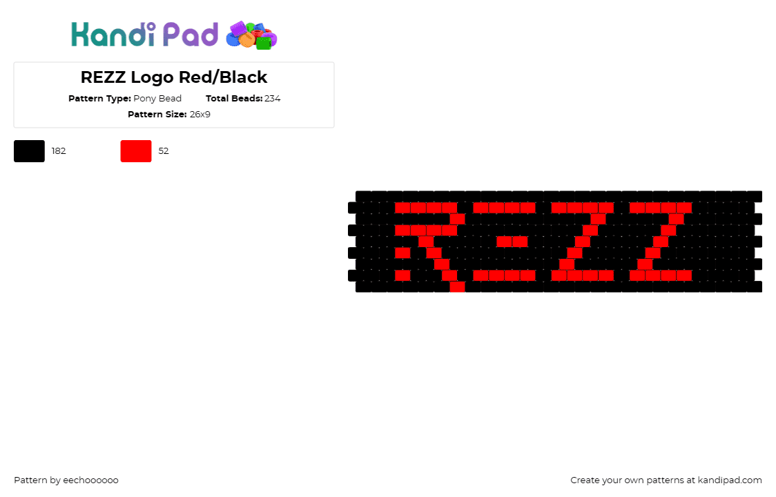 REZZ Logo Red/Black - Pony Bead Pattern by eechoooooo on Kandi Pad - rezz,logo,edm,dj,music,cuff,black,red